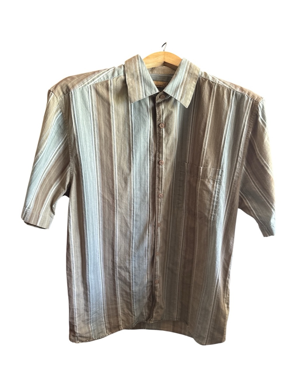 Havanera Men's Medium Short-Sleeve Button-Up Stripe Shirt Taupe & Light Blue Top